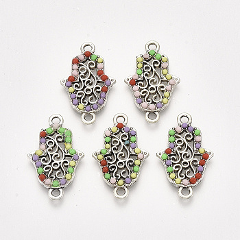 Alloy Links connectors, with Resin, Hamsa Hand/Hand of Fatima/Hand of Miriam, Antique Silver, Colorful, 25x15x2.5mm, Hole: 1.8mm