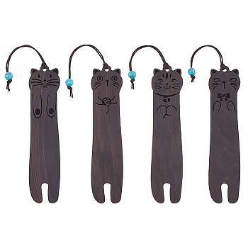 4Pcs 4 Styles Wood Bookmarks, Cat Shape, Coconut Brown, 216mm, 1pc/style