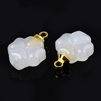 Glass Charms, with Golden Brass Loops, Clover, Creamy White, 14.5x10.5x4.5mm, Hole: 1.6mm & 1mm