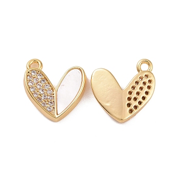 Brass Micro Pave Clear Cubic Zirconia Pendants, with Shell, Heart Charm, Real 18K Gold Plated, 10.5x11.5x2.8mm, Hole: 1.2mm