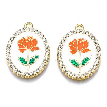 Rack Plating Alloy Enamel Pendants, with Crystal Rhinestone, Cadmium Free & Nickel Free & Lead Free, Light Gold, Oval with Flower of Life, Dark Orange, 27x19.5x2.5mm, Hole: 1.6~1.8mm