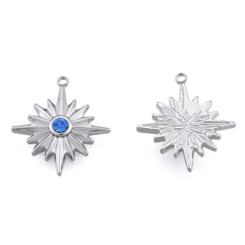 304 Stainless Steel Pendants, with Sapphire Rhinestone, Star, Stainless Steel Color, 21.5x19x3.5mm, Hole: 1.4mm