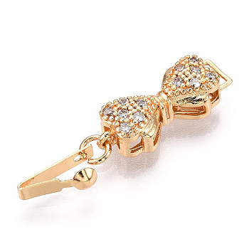 Brass Micro Pave Clear Cubic Zirconia Box Clasps, Bowknot, Real 18K Gold Plated, 21x8x6mm, Hole: 1mm
