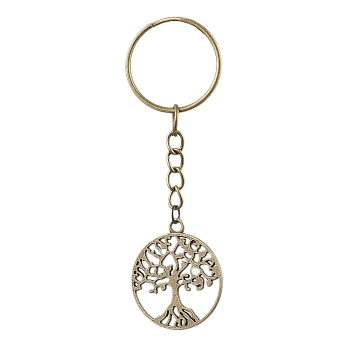 Tibetan Style Alloy Tree of Life Keychains, with Iron Split Key Rings, Antique Bronze, 8cm, Pendant: 29x25x1.5mm