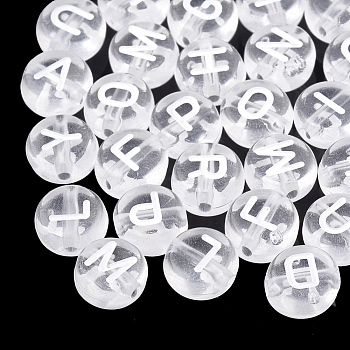 Transparent Acrylic Beads, Horizontal Hole, Mixed Letters, Flat Round, Clear, 7x4mm, Hole: 1.5mm, about 3700pcs/500g