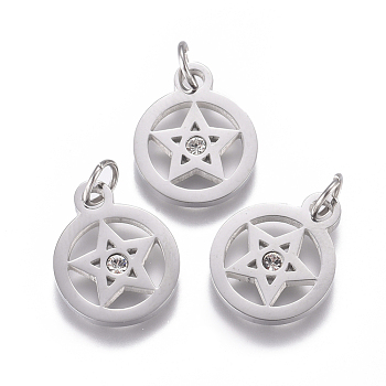 316 Surgical Stainless Steel Charms, with Micro Pave Cubic Zirconia and Jump Ring, Long-Lasting Plated, Pentacle, Clear, Real Platinum Plated, 15x12x1.5mm, Hole: 3.5mm