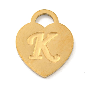 Ion Plating(IP) 304 Stainless Steel Pendants, Laser Cut, Heart with Letter Charm, Golden, Letter K, 15x12x1mm, Hole: 3x3.5mm