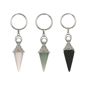 Cone Pendulum Natural & Synthetic Mixed Gemstone Keychain, with Iron Split Key Rings, 9.3cm