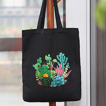 DIY Cactus & Succulent Plants Pattern Tote Bag Embroidery Kit, including Embroidery Needles & Thread, Cotton Fabric, Plastic Embroidery Hoop, Black, 390x340mm
