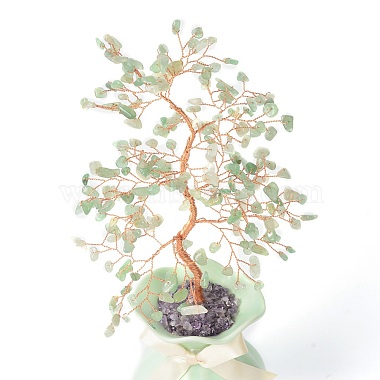 Natural Green Aventurine Chips with Brass Wrapped Wire Money Tree on Ceramic Vase Display Decorations(DJEW-B007-01E)-3