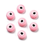 Opaque Printed Acrylic Beads, Flat Round with Eye Pattern, Pink, 10x5mm, Hole: 1.8mm(OACR-G038-04D)