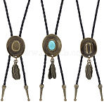 3Pcs 3 Styles Black PU Imitation Leather Alloy Pave Synthetic Turquoise Feather Cowboy Hat Polo Tie Lariat Necklaces for Men, Antique Bronze, 45.67 inch(116cm), 1pc/style(NJEW-GF0001-17)