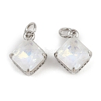 Brass Pave Cubic Zirconia Pendants, Rhombus Charms, with Glass & Jump Ring, Rack Plating, Lead Free & Cadmium Free, Long-Lasting Plated, Platinum, 13.5x11x6.5mm, Hole: 3.4mm(KK-L240-07P-02)