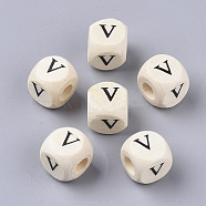 Printed Natural Wood Beads, Horizontal Hole, Cube with Initial Letter, PapayaWhip, Letter.V, 10x10x10mm, Hole: 3.5mm, about 1000pcs/500g(WOOD-T026-001V)