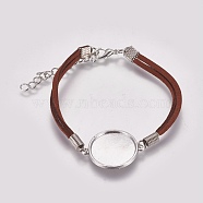 Suede Bracelet Making, with Alloy Tray Settings and Iron Chains, Flat Round, Platinum, Saddle Brown, 8-1/8 inch~8-1/4 inch(20.5~21cm), Tray: 20mm(MAK-WH0007-01E)