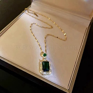 Micro Pave Cubic Zirconia and Alloy Square Pendant Necklace, Titanium Steel Dapped Chain Necklaces, Green, 19.69 inch(50cm)(PW-WG28422-01)