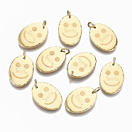 304 Stainless Steel Pendants, with Jump Rings, Oval with Word Smile, Real 14K Gold Plated, 17.5x12.5x2mm, Jump Ring: 5x0.8mm, 3.4mm inner diameter(STAS-S116-027G)