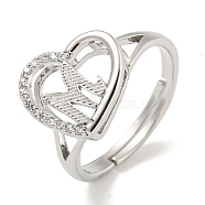 Heart with Letter Rack Plating Brass Micro Pave Cubic Zirconia Adjustable Rings for Women, Lead Free & Cadmium Free, Platinum, Letter M, Inner Diameter: 16mm(RJEW-I105-06P-M)