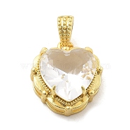 Brass Glass Charms, Heart Charms, Rack Plating, Long-Lasting Plated, Lead Free & Cadmium Free, , Faceted, Real 18K Gold Plated, Clear, 14.5x13.5x6.5mm, Hole: 2x3.5mm(KK-L228-02G-02)