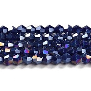 Opaque Solid Color Electroplate Glass Beads Strands, AB Color Plated, Faceted, Bicone, Dark Blue, 4x4mm, Hole: 0.8mm, about 87~98pcs/strand, 12.76~14.61 inch(32.4~37.1cm)(GLAA-F029-P4mm-A10)