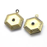 Brass Locket Pendants, Photo Frame Charms for Necklaces, Cadmium Free & Nickel Free & Lead Free, Hexagon, Brushed Antique Bronze, 23x18x6mm, Hole: 1.5mm, Inner Size: 11x12.5mm, Fit For 2mm Rhinestone(KK-F717-38AB-NR)