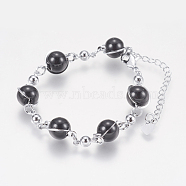 Glass Round Beads Bracelets, with Iron Findings, and Lobster Claw Clasps, Long-Lasting Plated, Round, Platinum, Black, 6-7/8 inch(175mm)(BJEW-F298-02A)