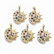 Brass Micro Pave Colorful Cubic Zirconia Pendants, Sun with Moon, Nickel Free, Real 18K Gold Plated, 21x18.5x2.5mm, Hole: 2x3mm(KK-R114-08-NF)