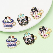 6Pcs 3 Style Japanese Style Print Alloy Enamel Pendants, Cup with Cat, Cadmium Free & Lead Free, Golden, Mixed Color, 22.7x22.5x1.8mm, Hole: 1.8mm, 2pcs/style(ENAM-YW0003-68)