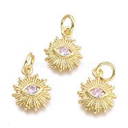 Brass Micro Pave Cubic Zirconia Pendants, with Jump Ring, Sun with Eye, Real 18K Gold Plated, Lavender Blush, 12.5x10x2.7mm, Jump Rings: 5x0.8mm, Inner Diameter: 3mm(KK-P187-16G-G)