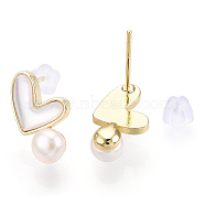 Natural White Shell Heart & Pearl Stud Earrings, Brass Earring with 925 Sterling Silver Pins, Real 18K Gold Plated, 14x8.5mm, Pin: 12x0.8mm(PEAR-N020-05P)