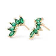 Green Clear Cubic Zirconia Leaf Stud Earrings, Brass Jewelry for Women, Lead Free & Cadmium Free, Real 18K Gold Plated, 14x8mm, Pin: 0.8mm(KK-E005-22G)