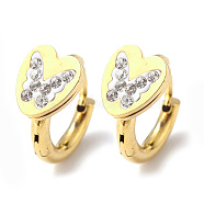 Crystal Rhinestone Heart with Butterfly Hoop Earrings, Vacuum Plating 202 Stainless Steel Earrings with 304 Stainless Steel Pins for Women, Golden, 14x17x2.5mm, Pin: 1mm(EJEW-A094-08G)