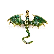 Dragon Enamel Pins, Antique Golden Plated Alloy Rhinestone Brooch for Unisex, Green, 61x71x11mm(JEWB-K018-17AG-02)