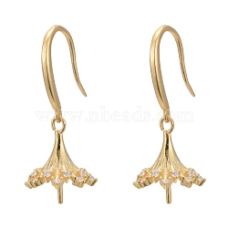 925 Sterling Silver Dangle Earring Findings, with Cubic Zirconia, For Half Drilled Beads, Clear, Golden, 30x11mm; Pin: 0.6mm(STER-L057-043G)