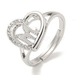 Heart with Letter Rack Plating Brass Micro Pave Cubic Zirconia Adjustable Rings for Women, Lead Free & Cadmium Free, Platinum, Letter M, Inner Diameter: 16mm(RJEW-I105-06P-M)