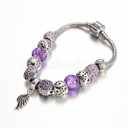 Alloy Glass Bead European Bracelets, with Rhinestones and Brass Chain, Medium Purple, 180mm(BJEW-L602-17)