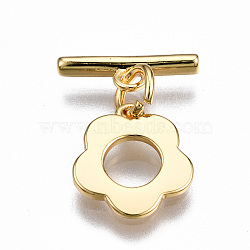 Brass Toggle Clasps, Nickel Free, Flower, Real 18K Gold Plated, 17mm long, Bar: 12x4x2mm, hole: 1.5mm, Jump Ring: 5x1mm, Inner Diameter: 3mm, Flower: 11x10x1mm, Hole: 1.2mm(X-KK-T063-95G-NF)