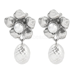 304 Stainless Steel Flower Stud Earrings, with ABS Plastic Imitation Pearl Beads, Stainless Steel Color, 36x19.5mm(EJEW-M233-01P)