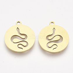 201 Stainless Steel Pendants, Laser Cut Pendants, Flat Round with Snake, Golden, 17x15x1mm, Hole: 1.4mm(X-STAS-T044-101G)