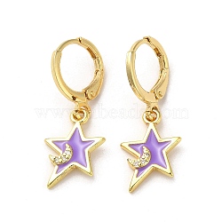 Star & Moon Real 18K Gold Plated Brass Dangle Leverback Earrings, with Enamel and Cubic Zirconia, Lilac, 25.5x11mm(EJEW-L268-032G-01)