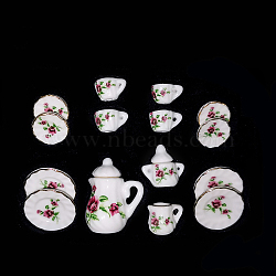 Mini Porcelain Tea Set, including 2Pcs Teapots, 5Pcs Teacups, 8Pcs Dishes, for Dollhouse Accessories, Pretending Prop Decorations, Flower Pattern, 121x86x25mm, 15pcs/set(BOTT-PW0001-213A-24)