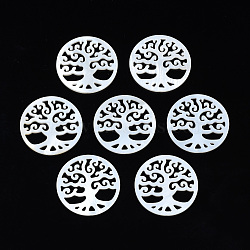 Natural Freshwater Shell Filigree Joiners, Flat Round with Tree of Life, 27.5x1.5mm(SHEL-N027-15)