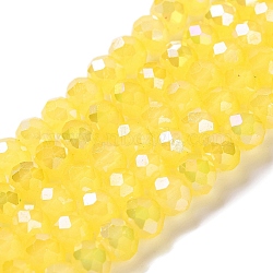 Baking Electroplate Glass Beads Strands, AB Color, Faceted, Round, Yellow, 8x6mm, Hole: 1mm, about 63~65pcs/strand, 15.75''(39~40cm)(DGLA-A039-J8mm-B23)