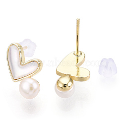 Natural White Shell Heart & Pearl Stud Earrings, Brass Earring with 925 Sterling Silver Pins, Real 18K Gold Plated, 14x8.5mm, Pin: 12x0.8mm(PEAR-N020-05P)