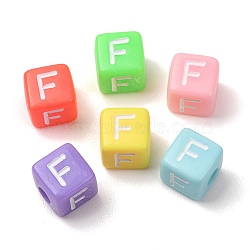 Opaque Acrylic European Beads, Large Hole Beads, Cube with Letter F, Mixed Color, 10x9x9~9.5mm, Hole: 4mm, about 580pcs/500g(AC-CBA7A73-01F)