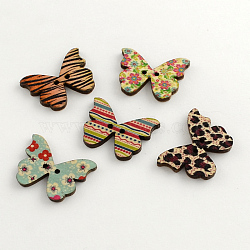 2-Hole Printed Wooden Buttons, Butterfly, Mixed Color, 20.5x28x3mm, Hole: 2mm(X-BUTT-R030-29)