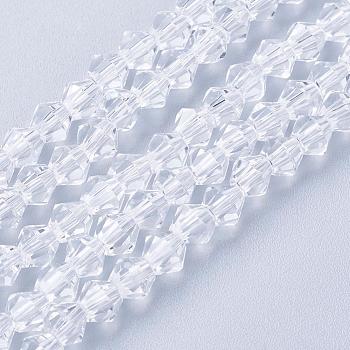 Clear Glass Bicone Beads Strands, Faceted, 4x4mm, Hole: 1mm, about 88~89pcs/strand, 12.99~13.39 inch