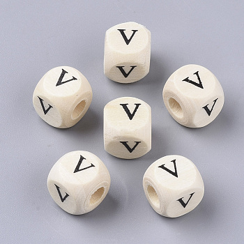 Printed Natural Wood Beads, Horizontal Hole, Cube with Initial Letter, PapayaWhip, Letter.V, 10x10x10mm, Hole: 3.5mm, about 1000pcs/500g