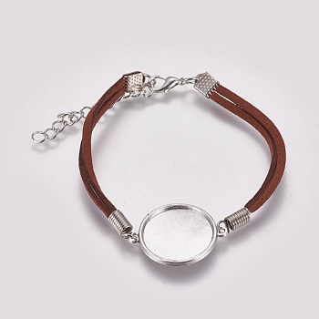 Suede Bracelet Making, with Alloy Tray Settings and Iron Chains, Flat Round, Platinum, Saddle Brown, 8-1/8 inch~8-1/4 inch(20.5~21cm), Tray: 20mm