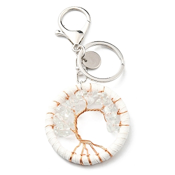Natural Quartz Crystal Keychains, Flat Round with Tree of Life Charms, 5cm